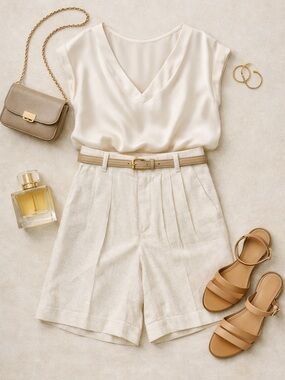 Vintage Cream Pleated High-Waist Bermuda Shorts